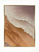 Hand-painted 3D textured abstract coastal painting featuring heavy sculpted ridges in sand beige and ochre in a gold floater frame.