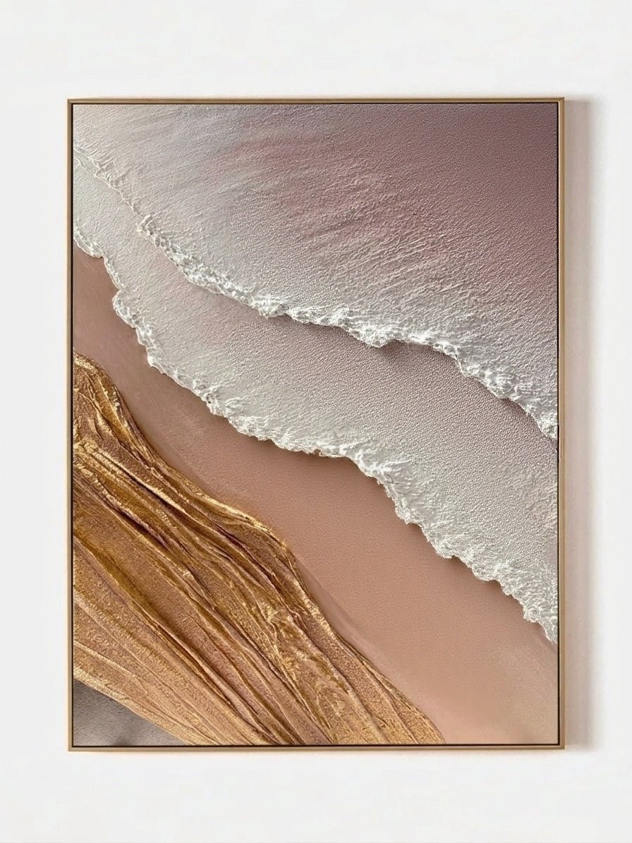 Hand-painted 3D textured abstract coastal painting featuring heavy sculpted ridges in sand beige and ochre in a gold floater frame.