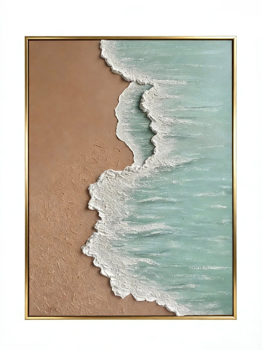 Hand-painted 3D textured beach painting with thick white seafoam ridges and turquoise water in a gold floater frame.