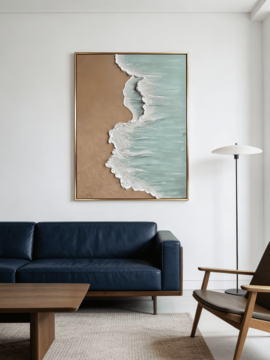 Hand-painted 3D textured beach painting with thick white seafoam ridges and turquoise water in a gold floater frame.