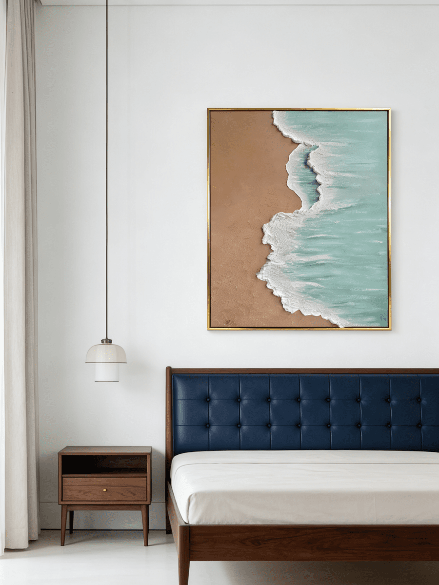 Hand-painted 3D textured beach painting with thick white seafoam ridges and turquoise water in a gold floater frame.