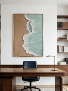 Hand-painted 3D textured beach painting with thick white seafoam ridges and turquoise water in a gold floater frame.