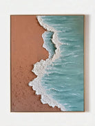 Hand-painted 3D textured beach painting with thick white seafoam ridges and turquoise water in a gold floater frame.