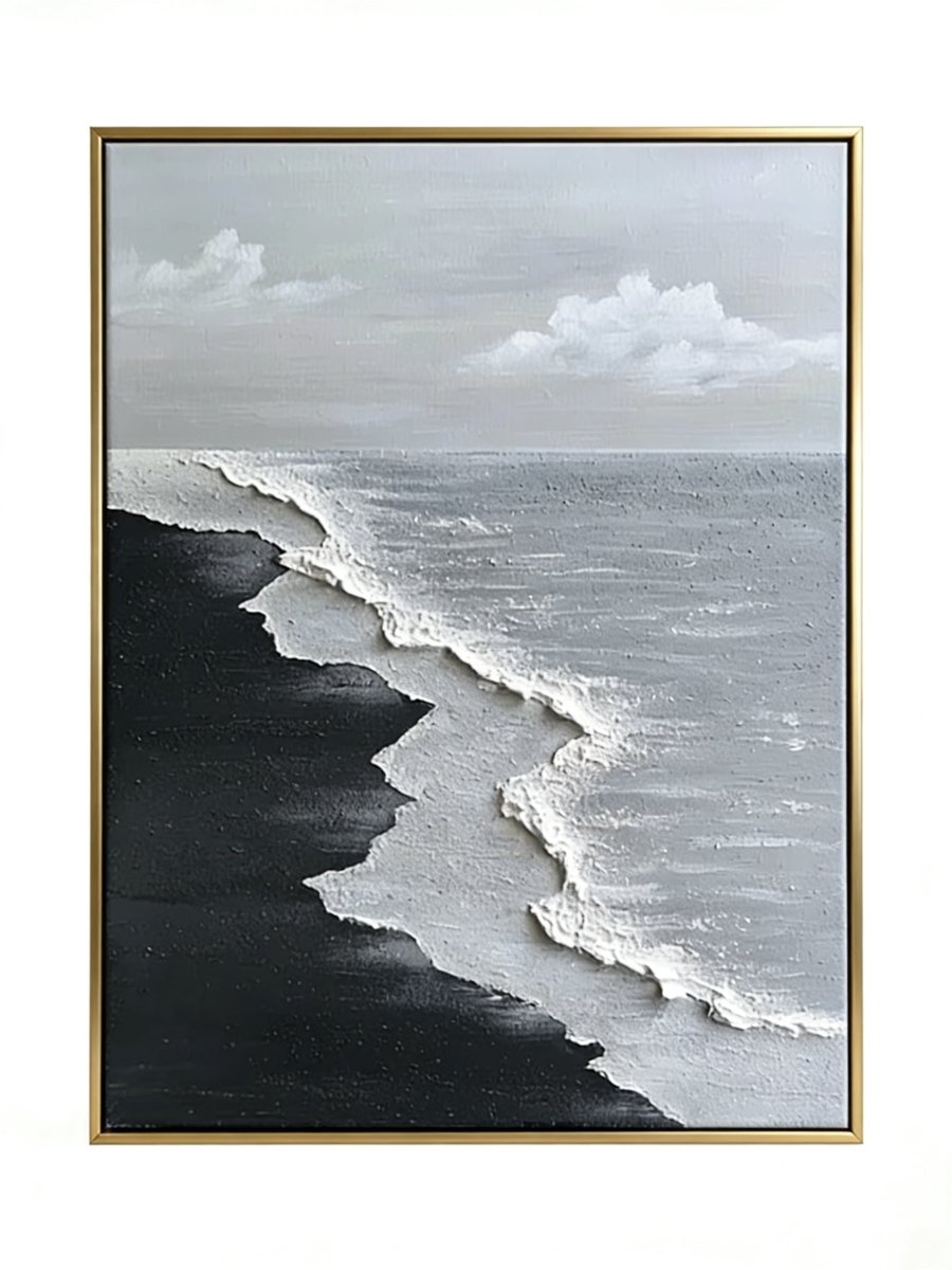 Close-up of a hand-painted 3D textured black sand beach painting with heavy white sculpted seafoam and black waves in a black frame.