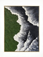 Close-up of a hand-painted 3D textured abstract painting featuring heavy white sculpted foam over moss green and black backgrounds in a gold frame.
