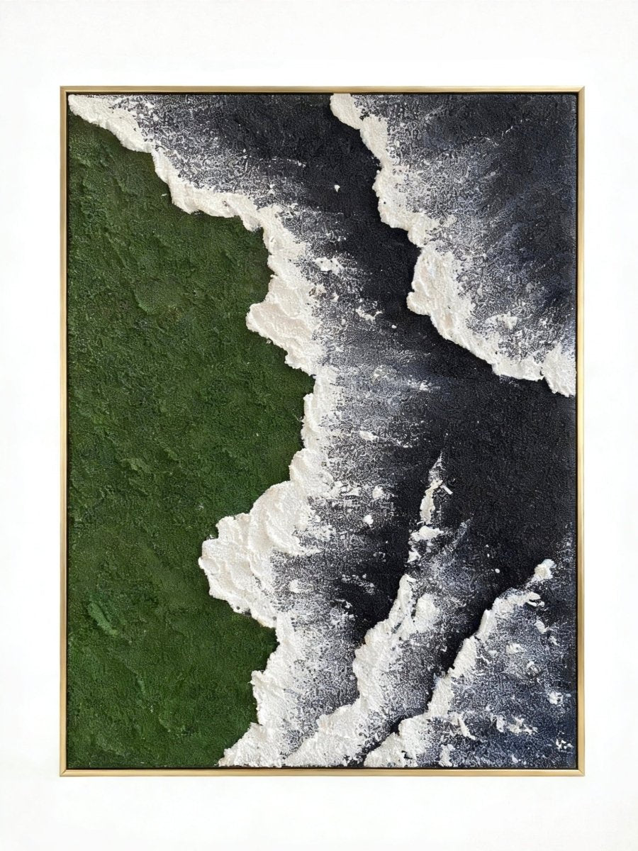 Close-up of a hand-painted 3D textured abstract painting featuring heavy white sculpted foam over moss green and black backgrounds in a gold frame.