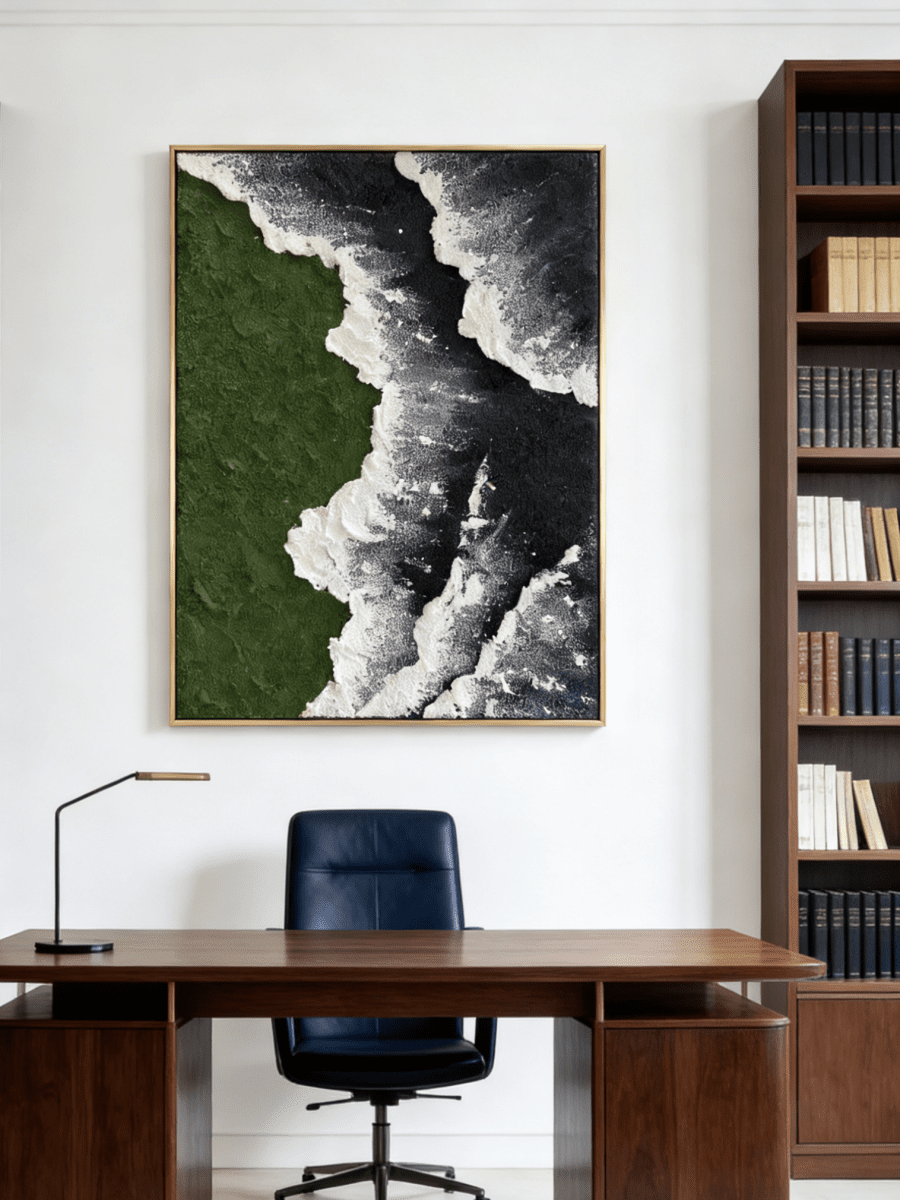 Close-up of a hand-painted 3D textured abstract painting featuring heavy white sculpted foam over moss green and black backgrounds in a gold frame.