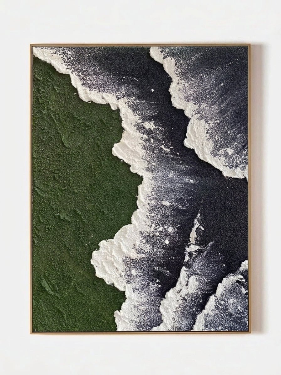 Close-up of a hand-painted 3D textured abstract painting featuring heavy white sculpted foam over moss green and black backgrounds in a gold frame.