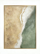 Close-up of a hand-painted 3D textured abstract beach painting with heavy white sculpted foam over sage green and sand backgrounds in a gold frame.
