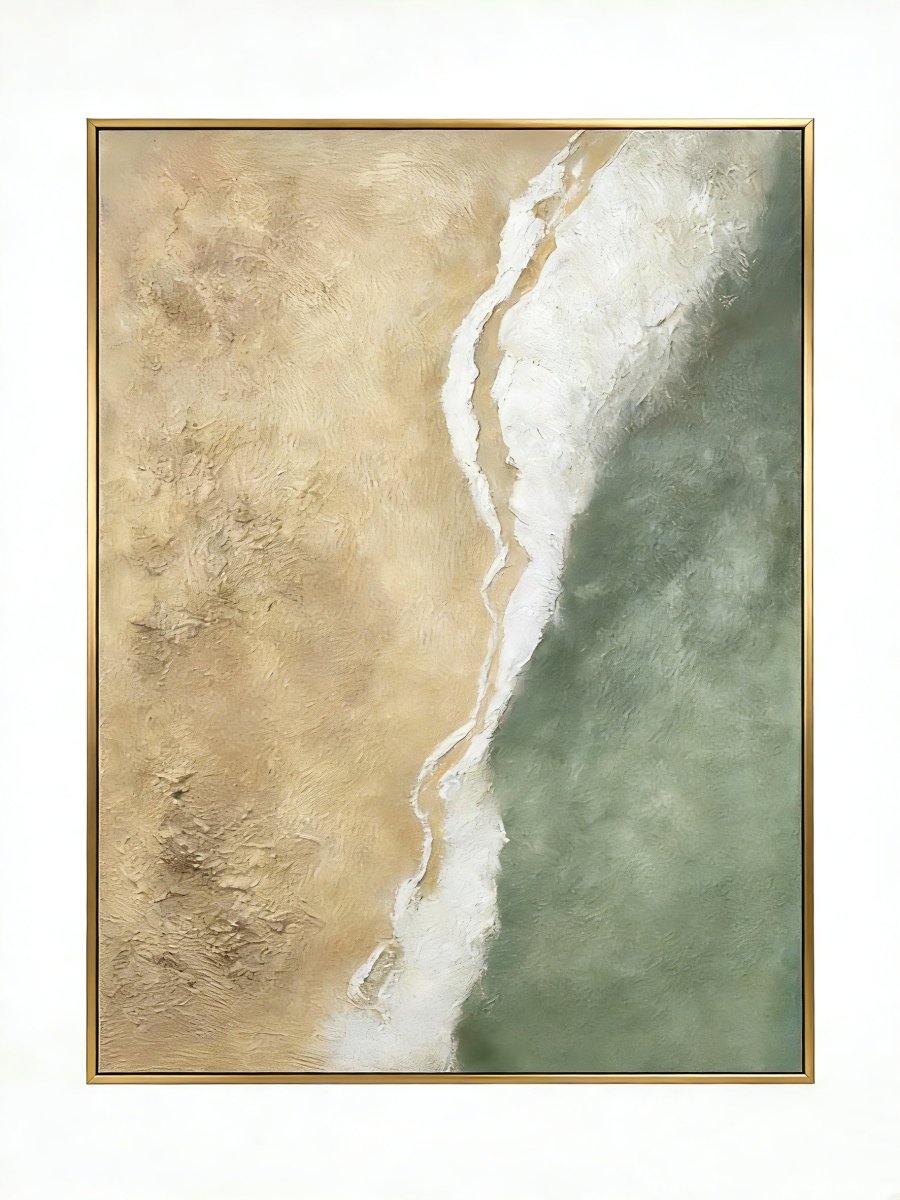 Close-up of a hand-painted 3D textured abstract beach painting with heavy white sculpted foam over sage green and sand backgrounds in a gold frame.