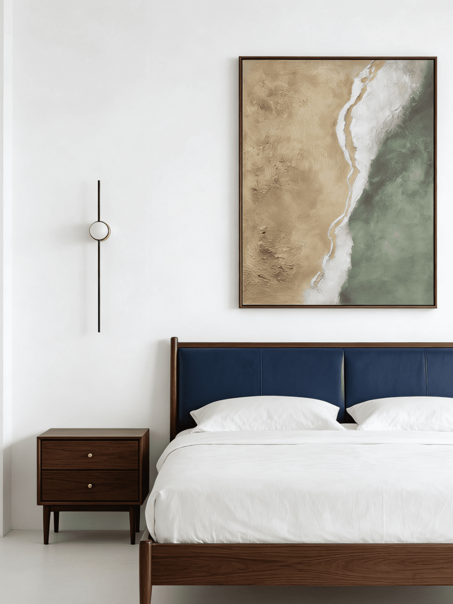 Close-up of a hand-painted 3D textured abstract beach painting with heavy white sculpted foam over sage green and sand backgrounds in a gold frame.