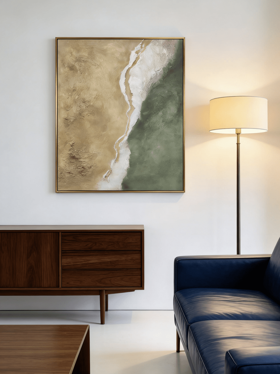 Close-up of a hand-painted 3D textured abstract beach painting with heavy white sculpted foam over sage green and sand backgrounds in a gold frame.