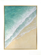 Hand-painted 3D textured beach painting with three distinct layers of thick white sculpted seafoam and mint green water in a gold frame.