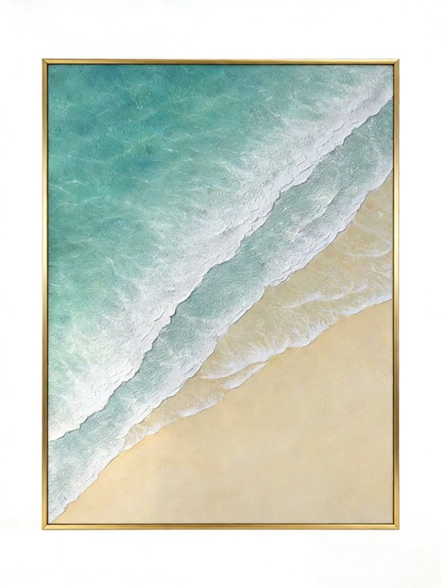 Hand-painted 3D textured beach painting with three distinct layers of thick white sculpted seafoam and mint green water in a gold frame.