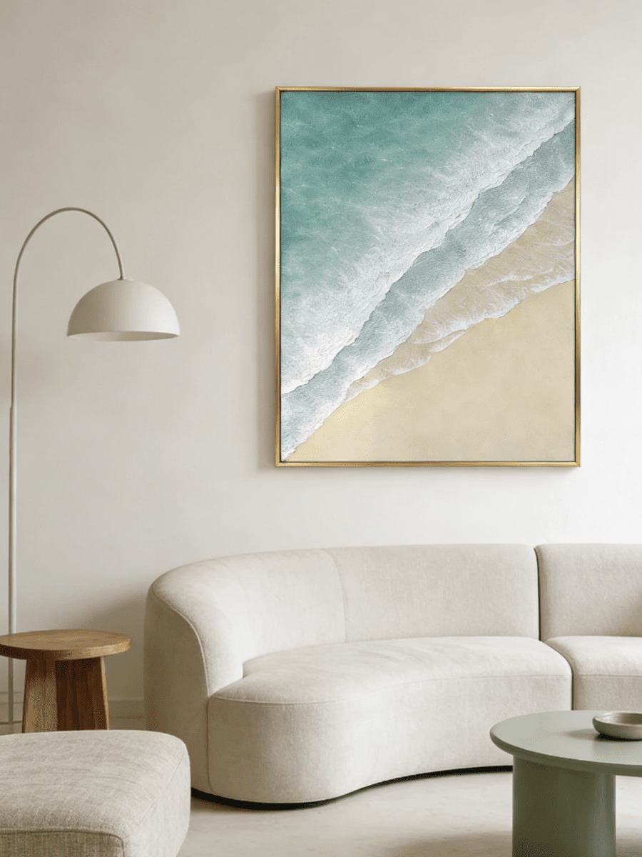 Hand-painted 3D textured beach painting with three distinct layers of thick white sculpted seafoam and mint green water in a gold frame.