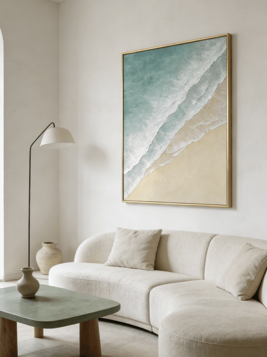 Hand-painted 3D textured beach painting with three distinct layers of thick white sculpted seafoam and mint green water in a gold frame.