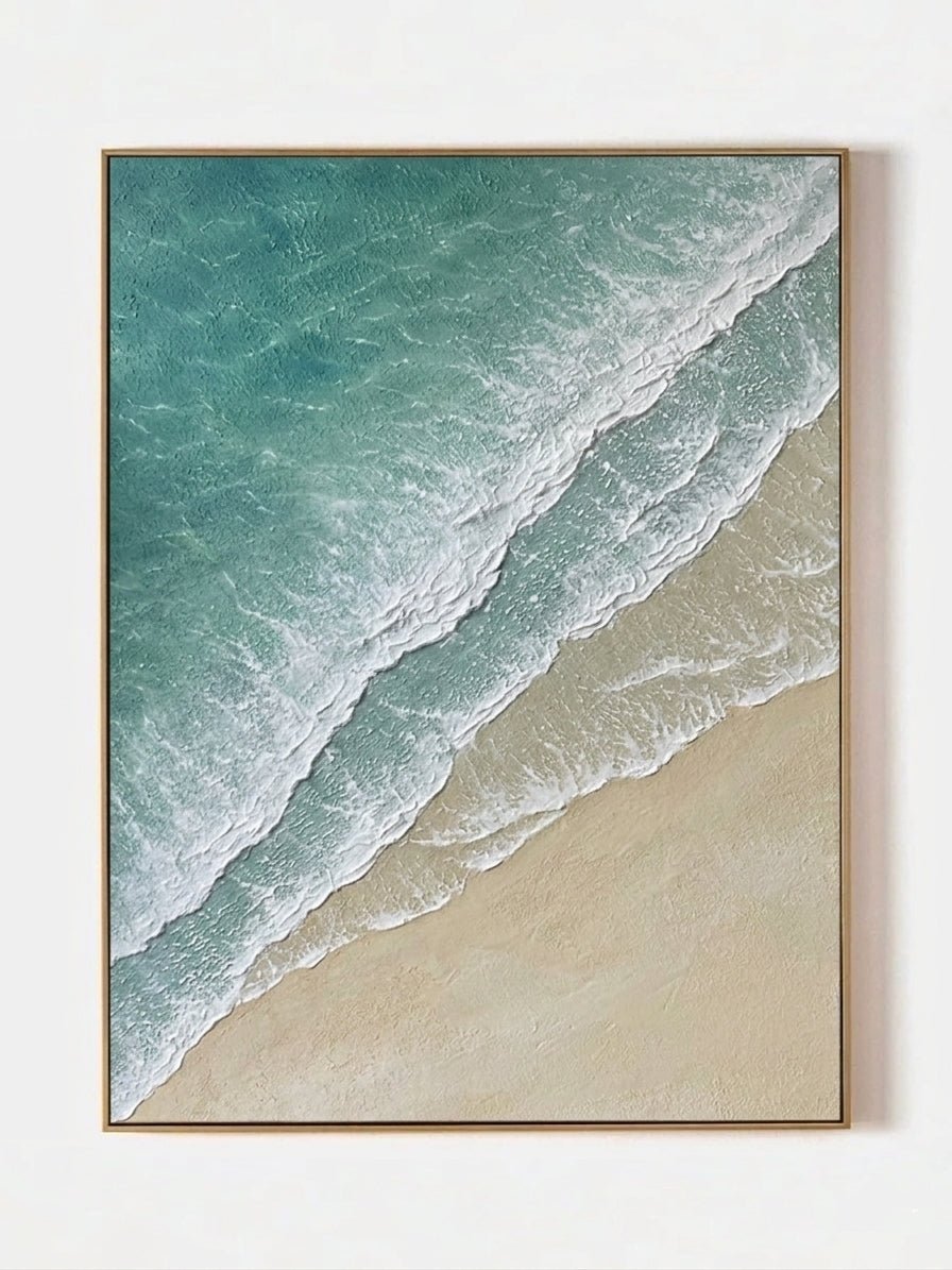 Hand-painted 3D textured beach painting with three distinct layers of thick white sculpted seafoam and mint green water in a gold frame.