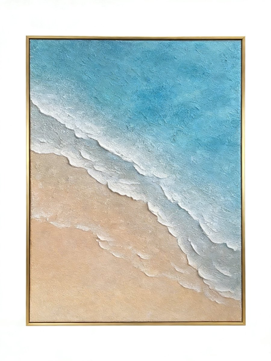 Hand-painted 3D textured beach painting with thick white sculpted seafoam ridges and deep blue water in a gold floater frame.