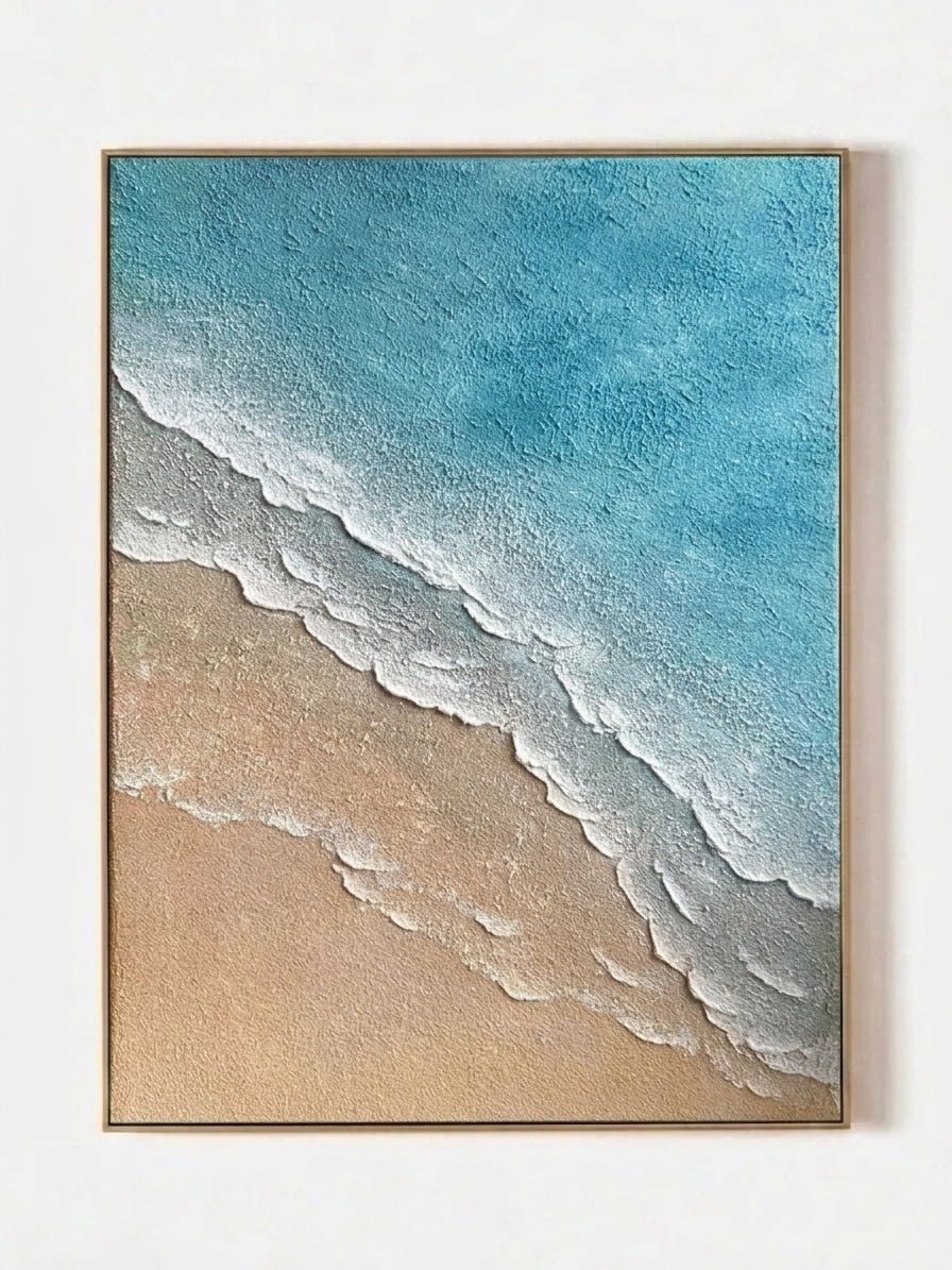 Hand-painted 3D textured beach painting with thick white sculpted seafoam ridges and deep blue water in a gold floater frame.