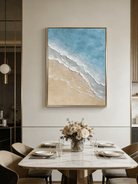 Hand-painted 3D textured beach painting with thick white sculpted seafoam ridges and deep blue water in a gold floater frame.