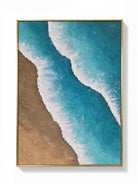 Close-up of 3D hand-painted ocean waves featuring heavy white sculpted foam over turquoise blue water and brown sand texture.