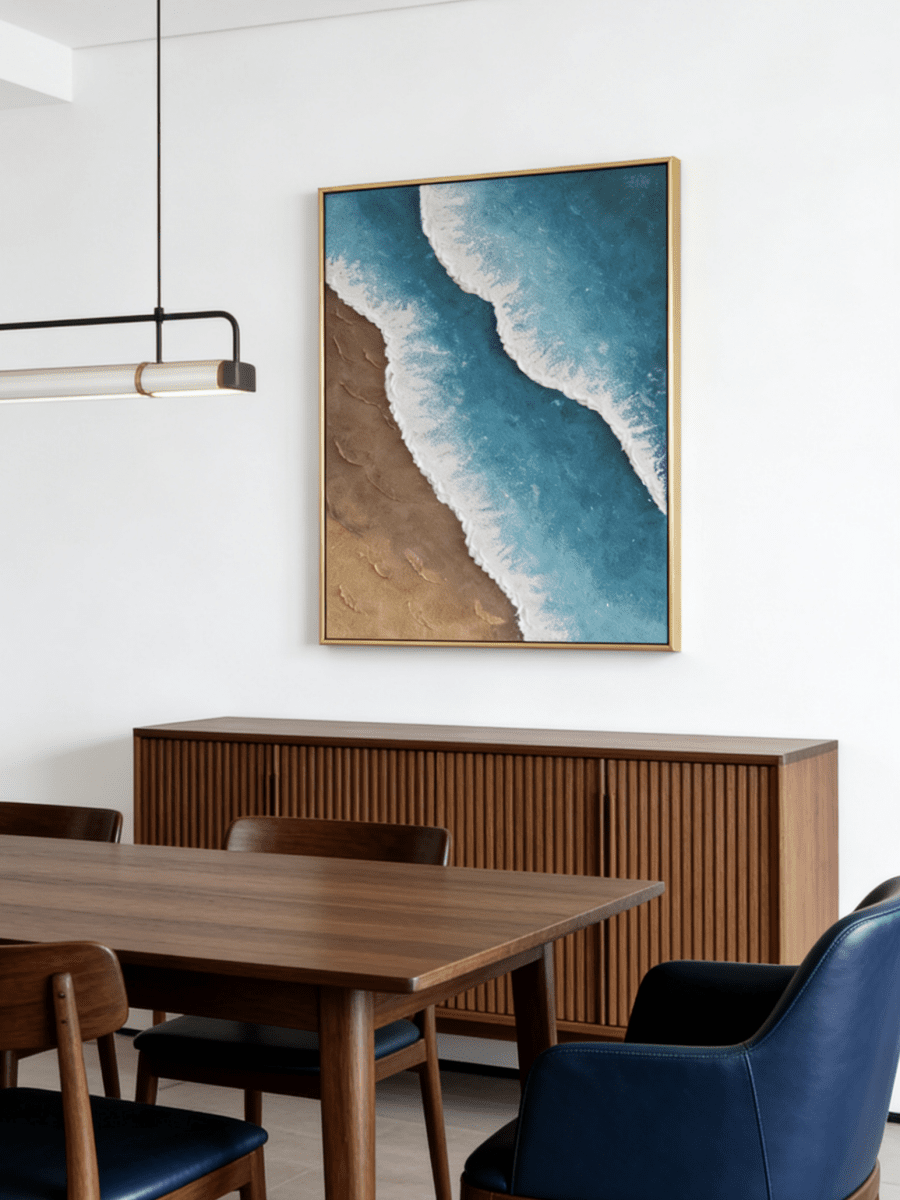 Close-up of 3D hand-painted ocean waves featuring heavy white sculpted foam over turquoise blue water and brown sand texture.