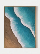 Close-up of 3D hand-painted ocean waves featuring heavy white sculpted foam over turquoise blue water and brown sand texture.