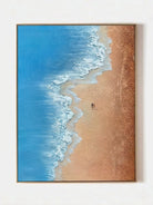 Hand-painted 3D textured aerial view of beach waves with heavy white sculpted foam and granular golden sand texture in a gold frame.