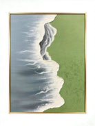 Side view of 3D hand-painted textured painting showing thick white seafoam between moss green meadow and slate blue ocean.