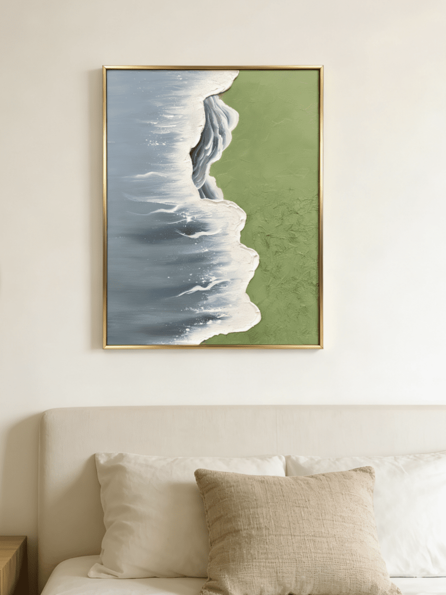 Side view of 3D hand-painted textured painting showing thick white seafoam between moss green meadow and slate blue ocean.