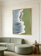 Side view of 3D hand-painted textured painting showing thick white seafoam between moss green meadow and slate blue ocean.