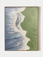 Side view of 3D hand-painted textured painting showing thick white seafoam between moss green meadow and slate blue ocean.