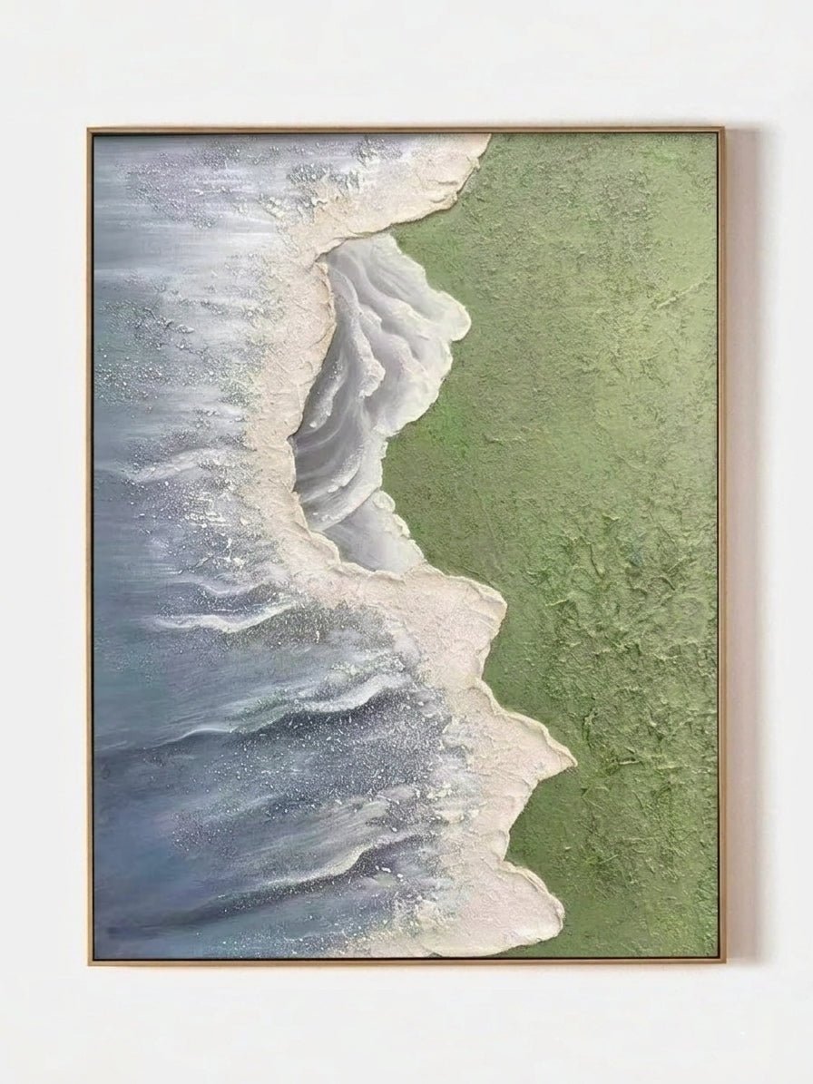 Side view of 3D hand-painted textured painting showing thick white seafoam between moss green meadow and slate blue ocean.