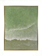 Close-up of 3D hand-painted textured ocean waves in sage green and olive, showing thick white sculpted seafoam ridges on canvas.