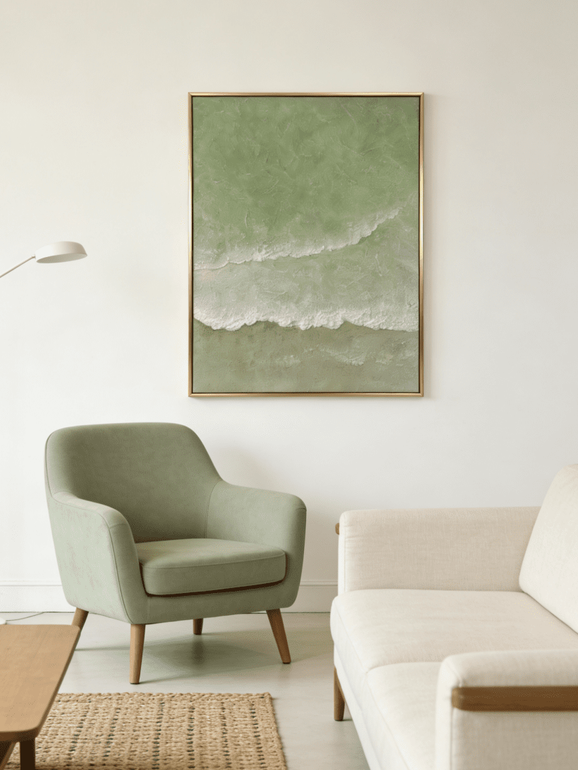 Close-up of 3D hand-painted textured ocean waves in sage green and olive, showing thick white sculpted seafoam ridges on canvas.