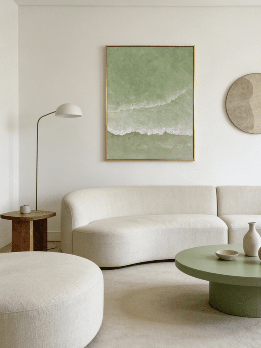 Close-up of 3D hand-painted textured ocean waves in sage green and olive, showing thick white sculpted seafoam ridges on canvas.