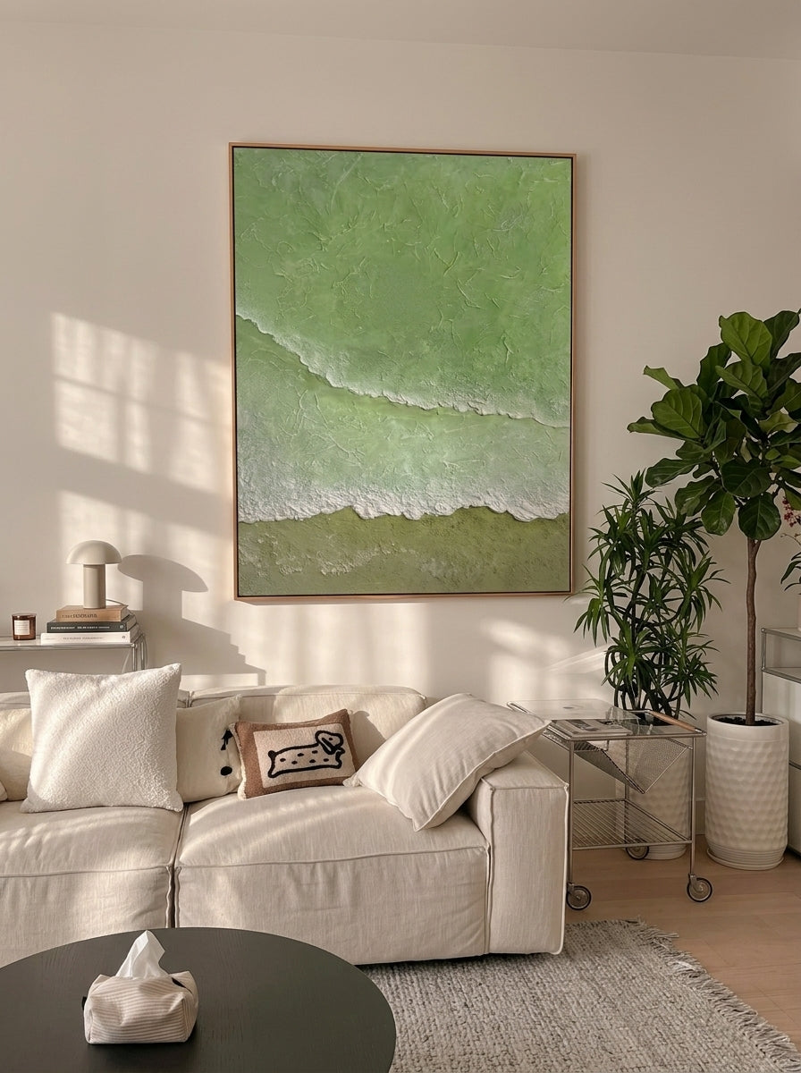 Close-up of 3D hand-painted textured ocean waves in sage green and olive, showing thick white sculpted seafoam ridges on canvas.