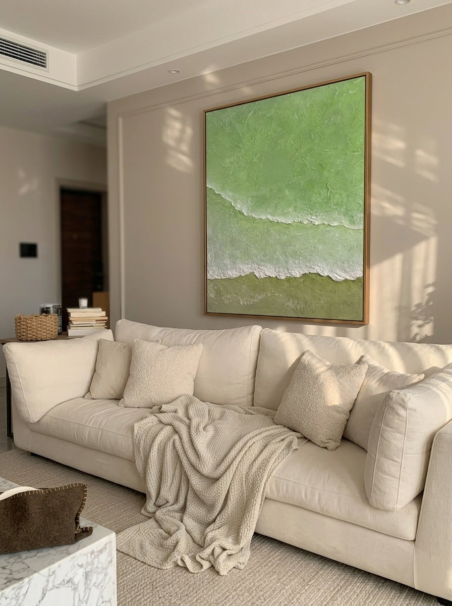 Close-up of 3D hand-painted textured ocean waves in sage green and olive, showing thick white sculpted seafoam ridges on canvas.