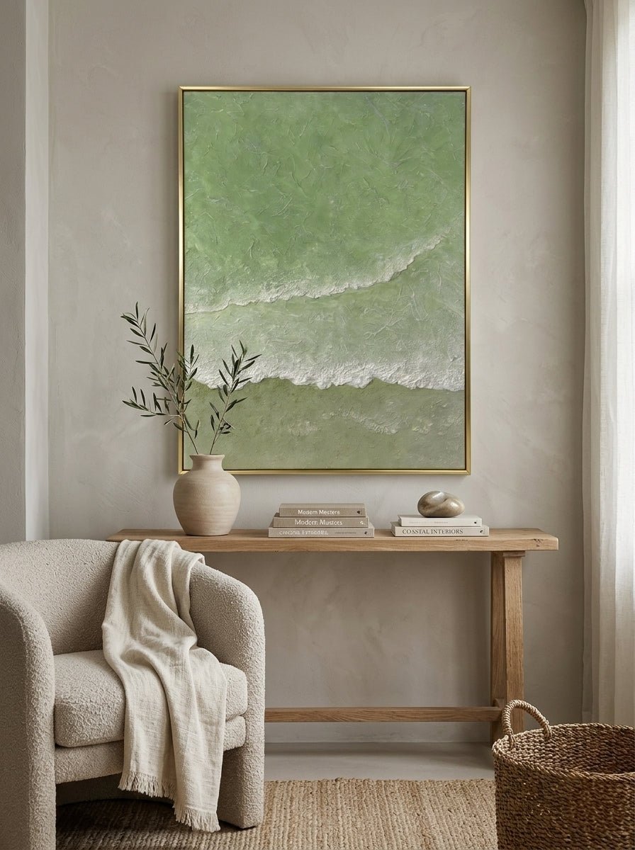 Close-up of 3D hand-painted textured ocean waves in sage green and olive, showing thick white sculpted seafoam ridges on canvas.