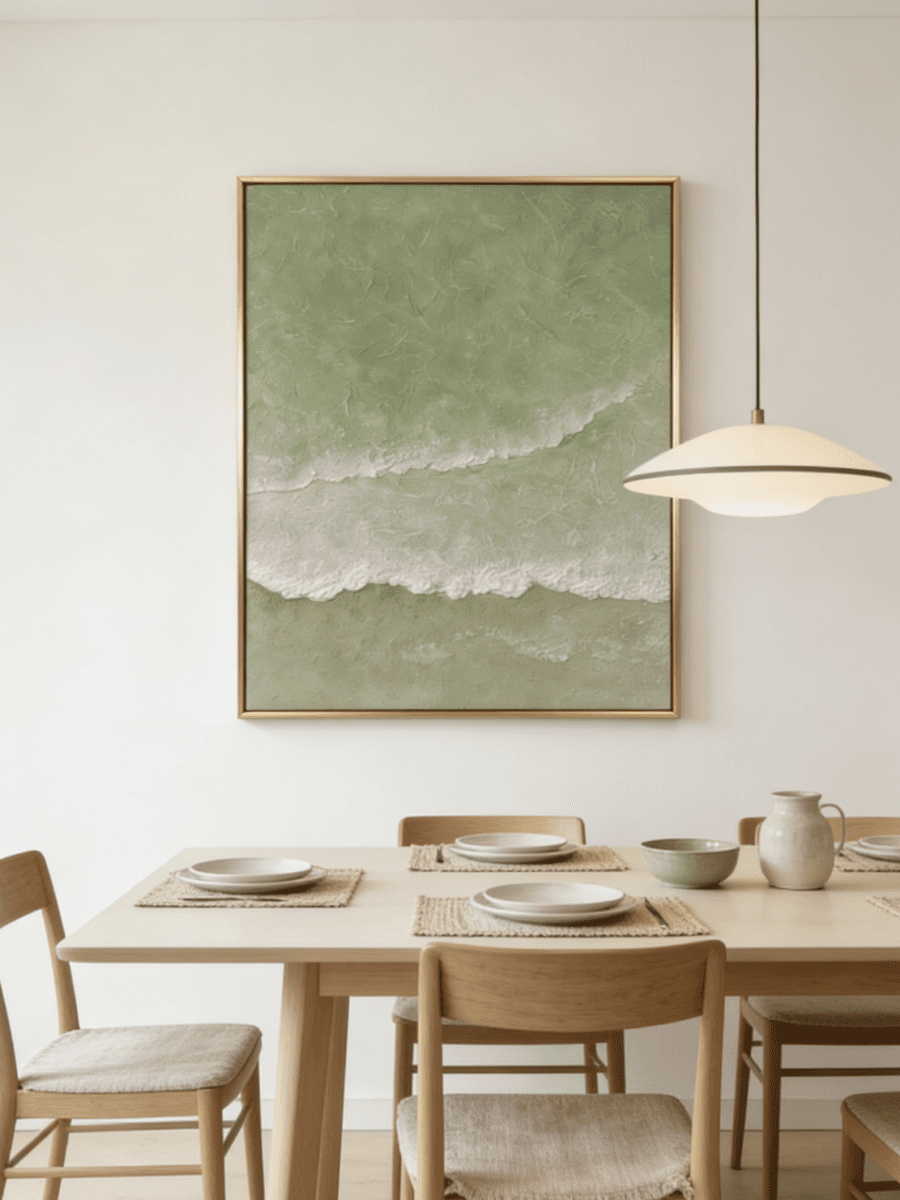 Close-up of 3D hand-painted textured ocean waves in sage green and olive, showing thick white sculpted seafoam ridges on canvas.