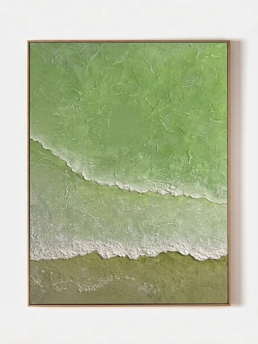 Close-up of 3D hand-painted textured ocean waves in sage green and olive, showing thick white sculpted seafoam ridges on canvas.