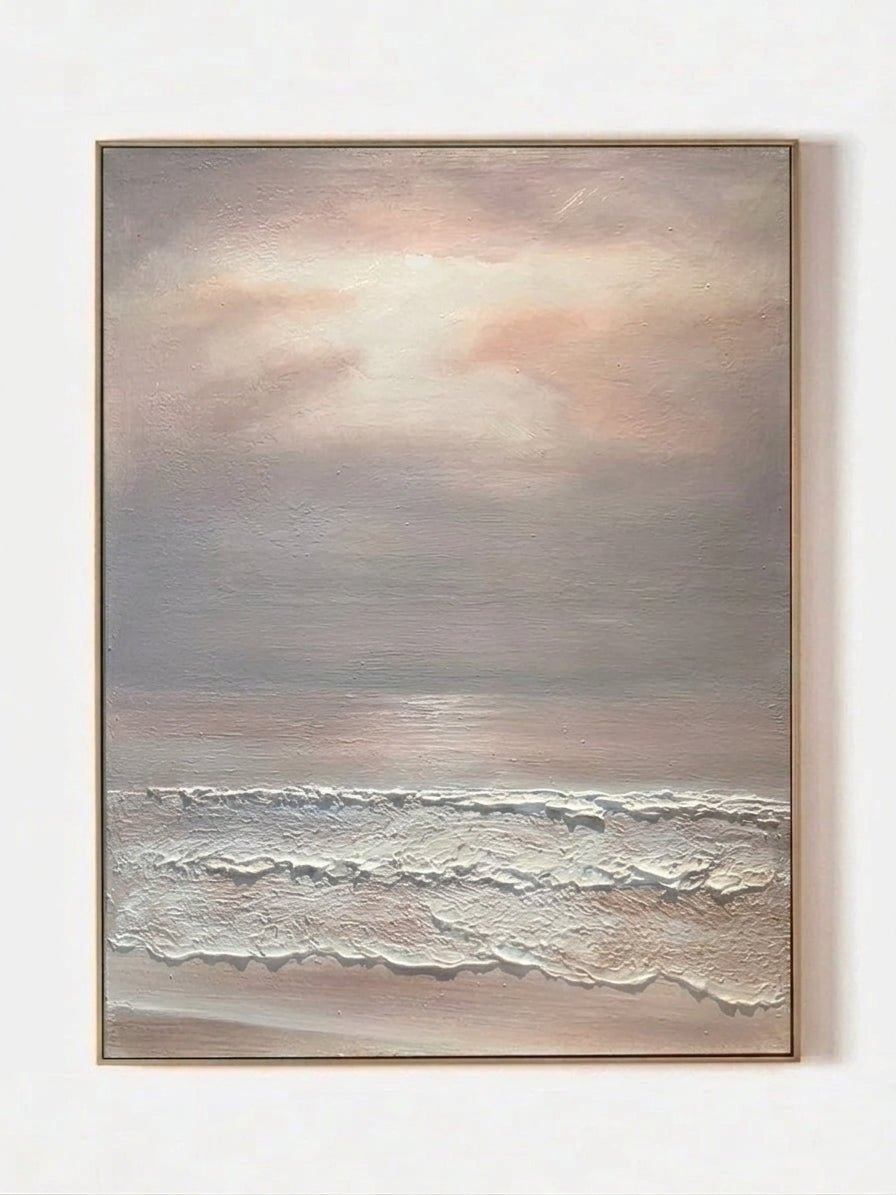 Hand-painted 3D textured abstract seascape painting with pink and beige sunset clouds over crashing waves for modern home decor.