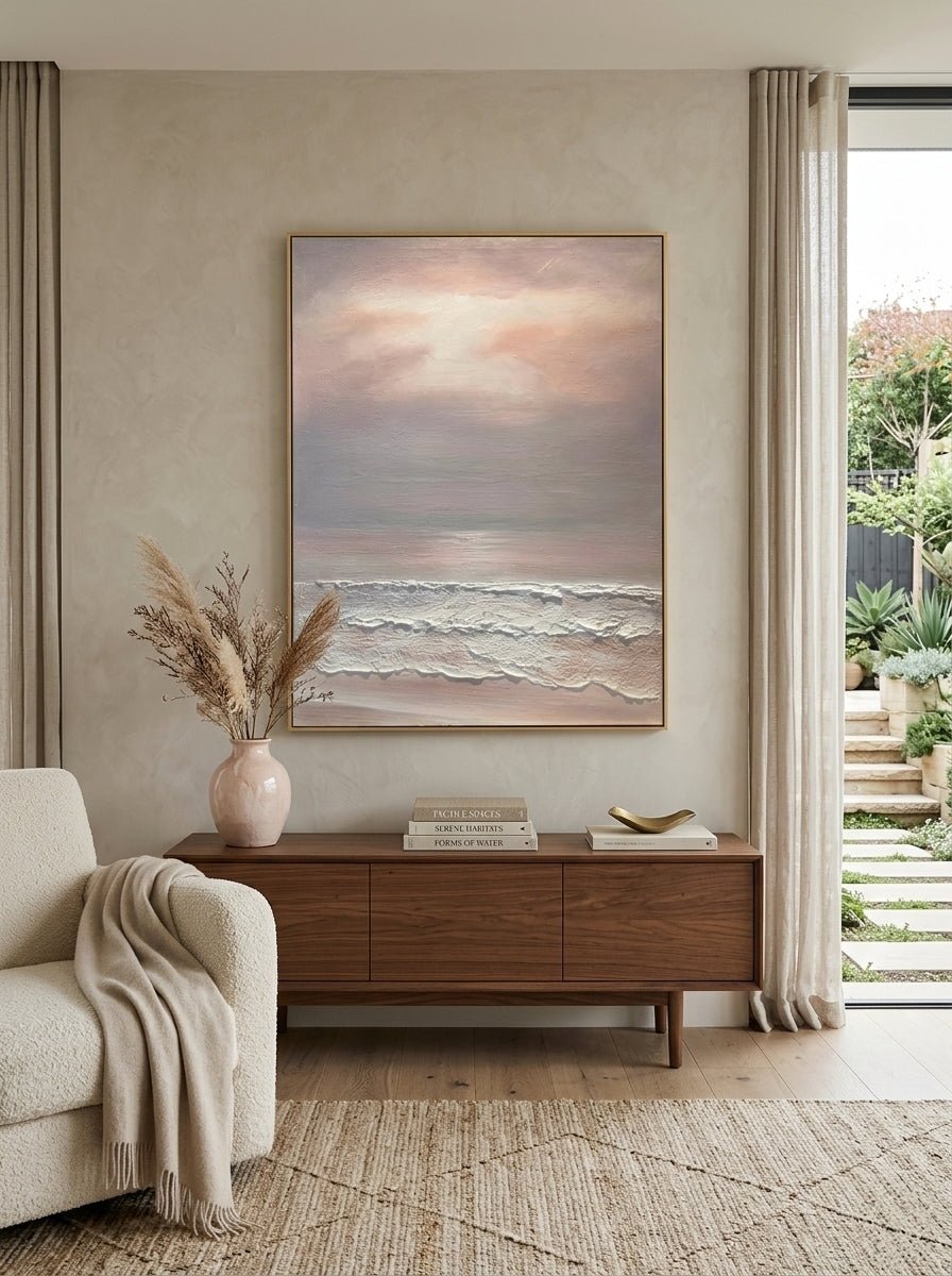 Hand-painted 3D textured abstract seascape painting with pink and beige sunset clouds over crashing waves for modern home decor.