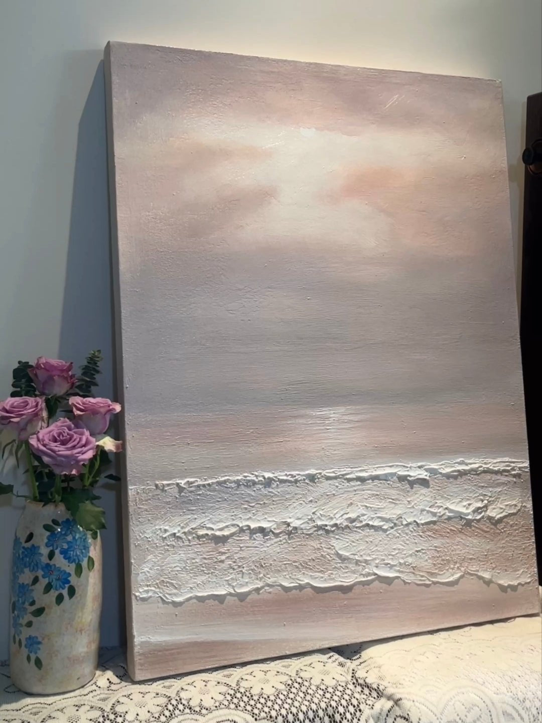 Hand-painted 3D textured abstract seascape painting with pink and beige sunset clouds over crashing waves for modern home decor.