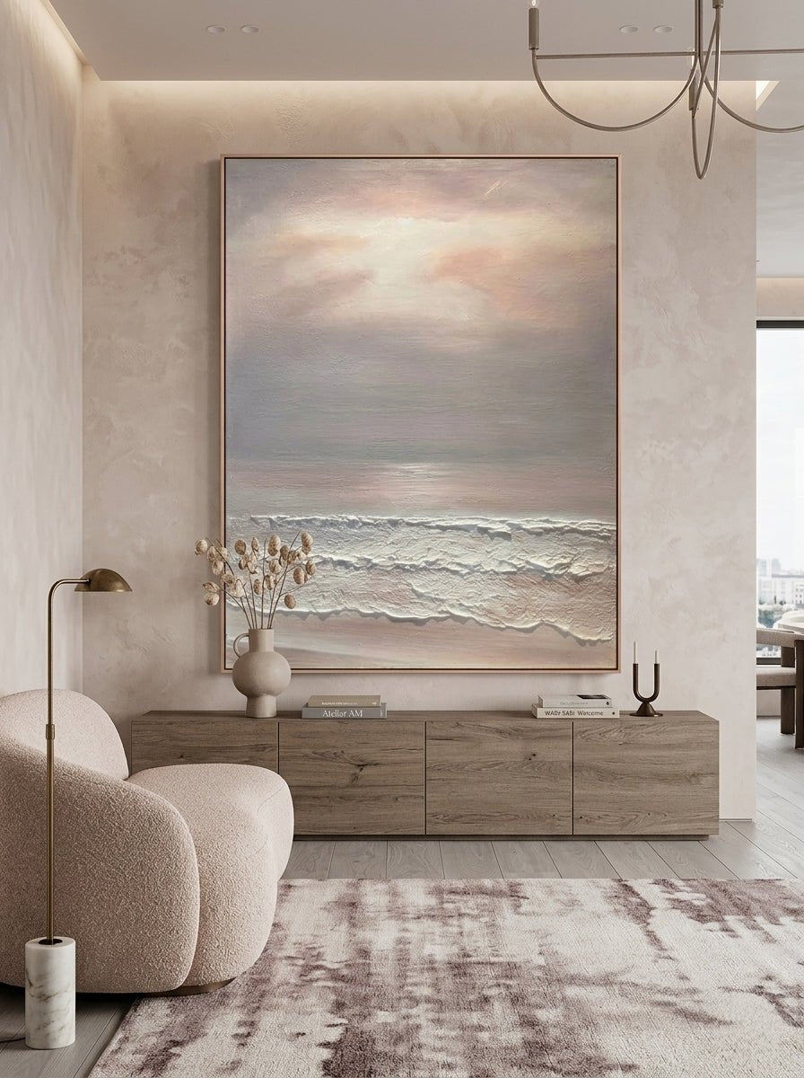 Hand-painted 3D textured abstract seascape painting with pink and beige sunset clouds over crashing waves for modern home decor.