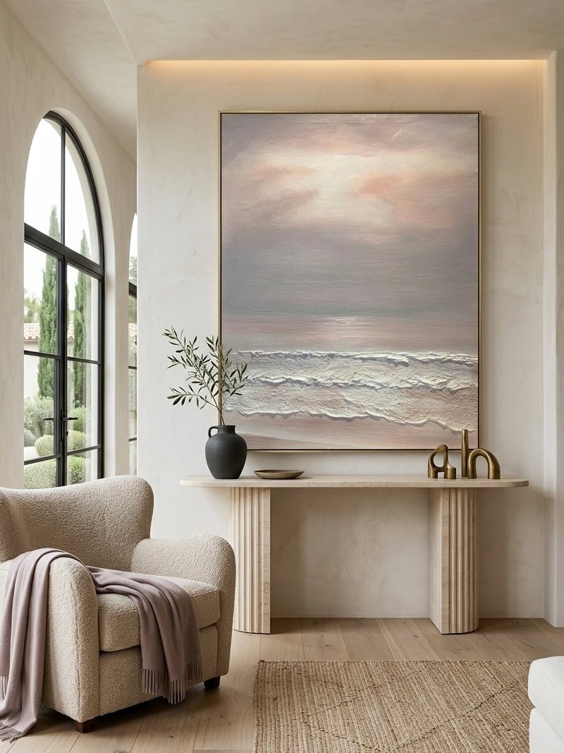 Hand-painted 3D textured abstract seascape painting with pink and beige sunset clouds over crashing waves for modern home decor.