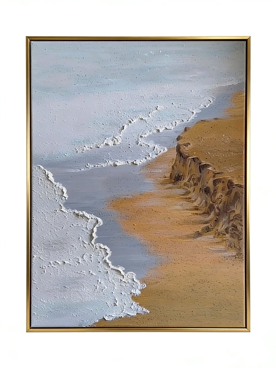 Large vertical hand-painted ocean seascape painting with heavy impasto white foam waves and golden cliffs by Leo Liang in a modern living room.