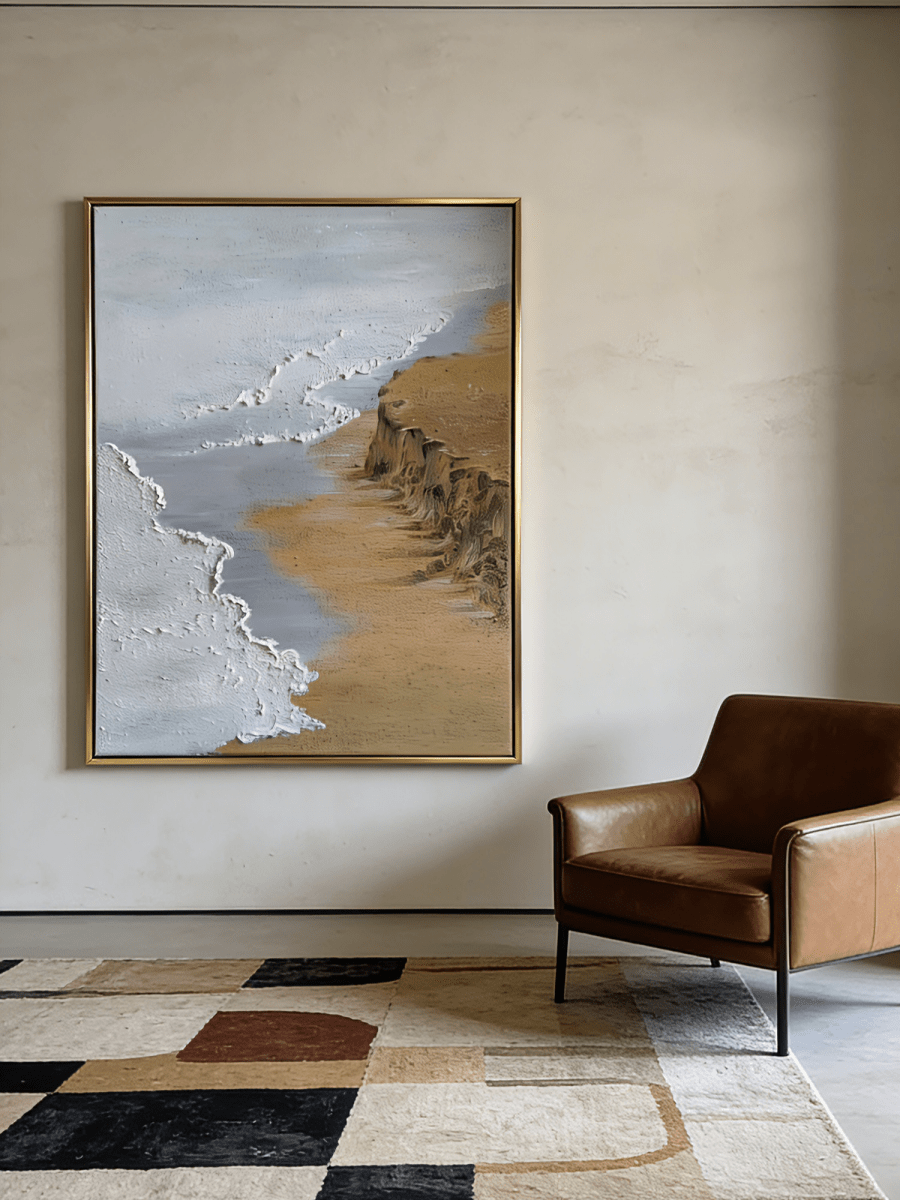 Large vertical hand-painted ocean seascape painting with heavy impasto white foam waves and golden cliffs by Leo Liang in a modern living room.