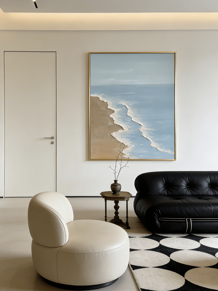 Large vertical hand-painted blue ocean painting with 3D textured white foam waves and sandy beach by Leo Liang in a bright modern bedroom.