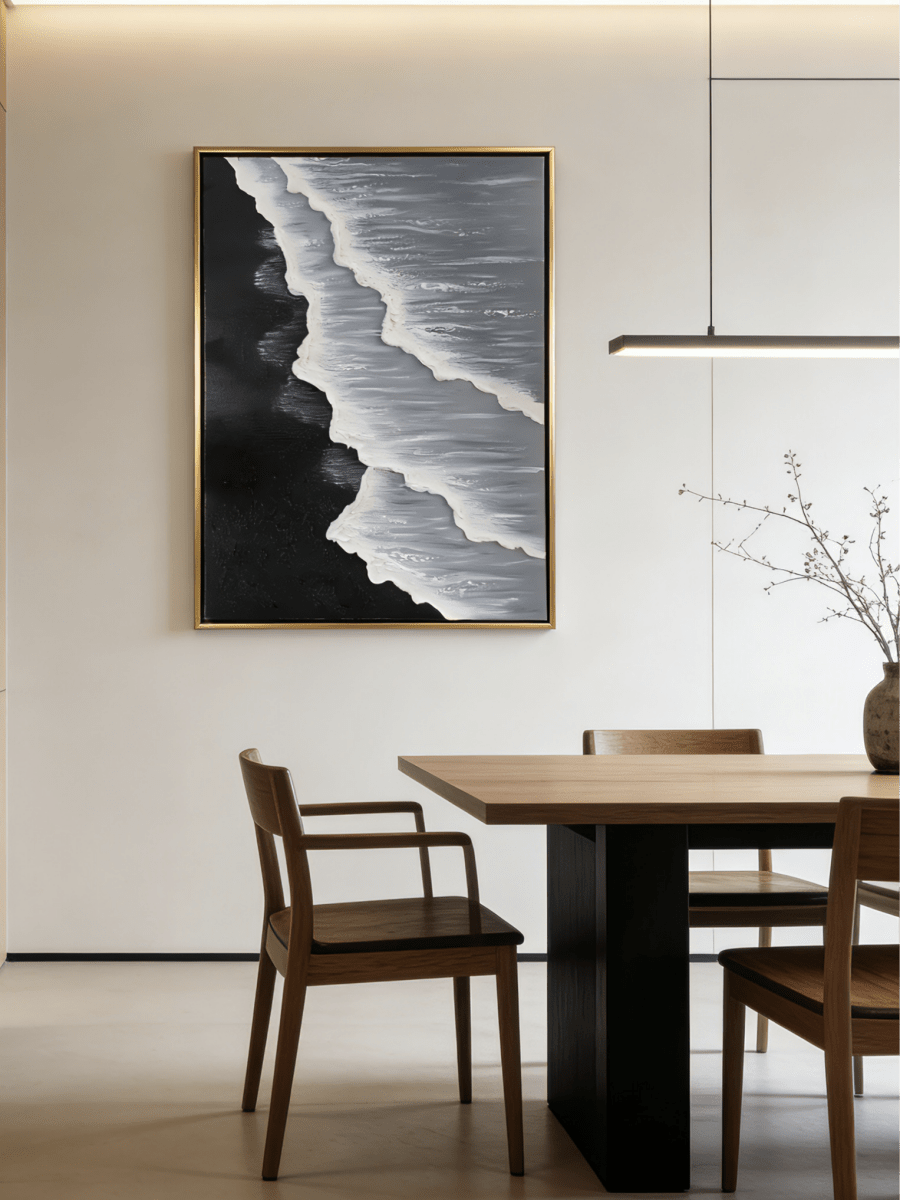 Large vertical hand-painted black sand beach seascape with heavy 3D textured white waves and grey ocean by Leo Liang in a modern living room.